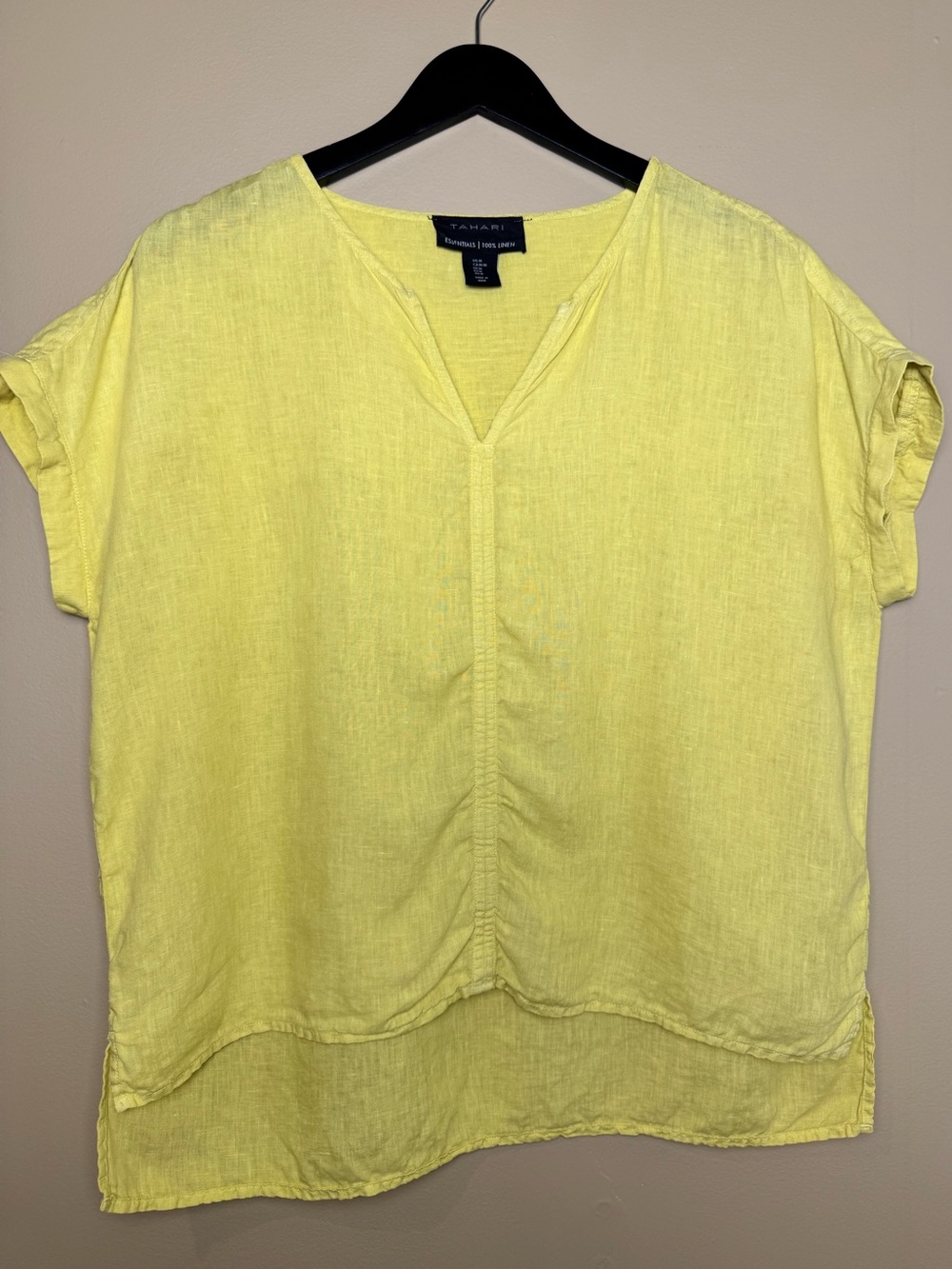 Tahari 100% Linen Chartreuse Lagenlook V-Neck High Low Top Size M